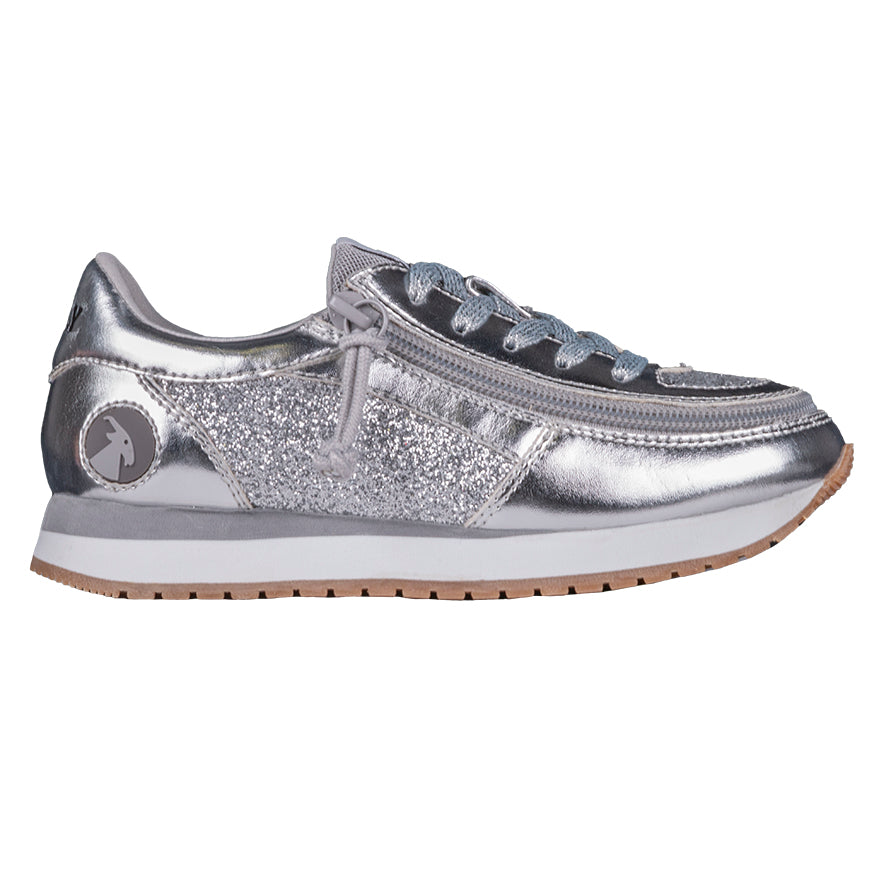 Kid's Silver BILLY Joggers, zipper shoes, like velcro, that are adaptive, accessible, inclusive and use universal design to accommodate an afo. Footwear is medium and wide width, M, D and EEE, are comfortable, and come in toddler, kids, mens, and womens sizing.