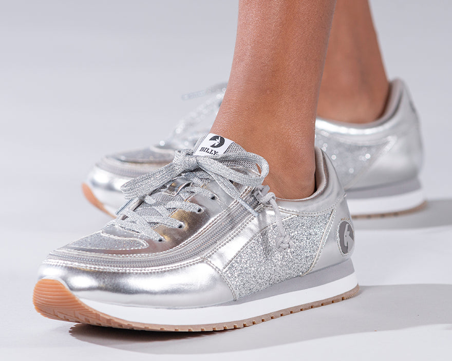 Kid's Silver BILLY Joggers, zipper shoes, like velcro, that are adaptive, accessible, inclusive and use universal design to accommodate an afo. Footwear is medium and wide width, M, D and EEE, are comfortable, and come in toddler, kids, mens, and womens sizing.