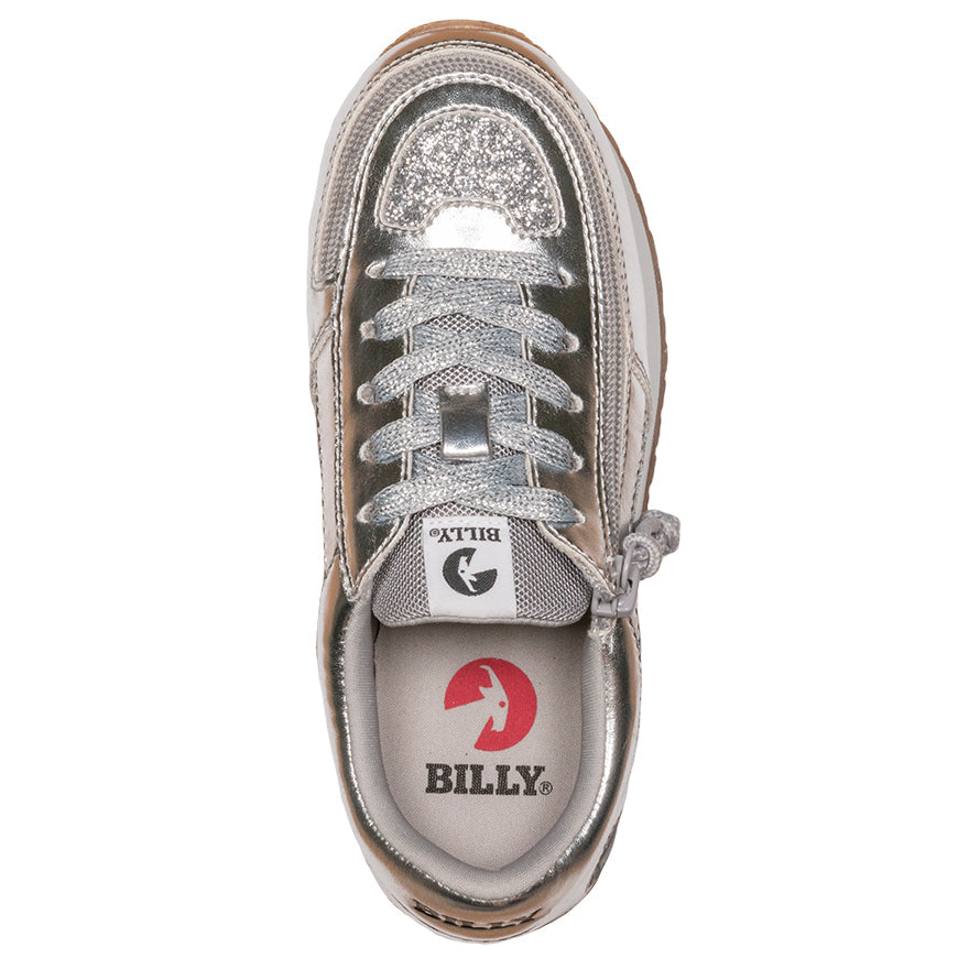 Kid's Silver BILLY Joggers, zipper shoes, like velcro, that are adaptive, accessible, inclusive and use universal design to accommodate an afo. Footwear is medium and wide width, M, D and EEE, are comfortable, and come in toddler, kids, mens, and womens sizing.