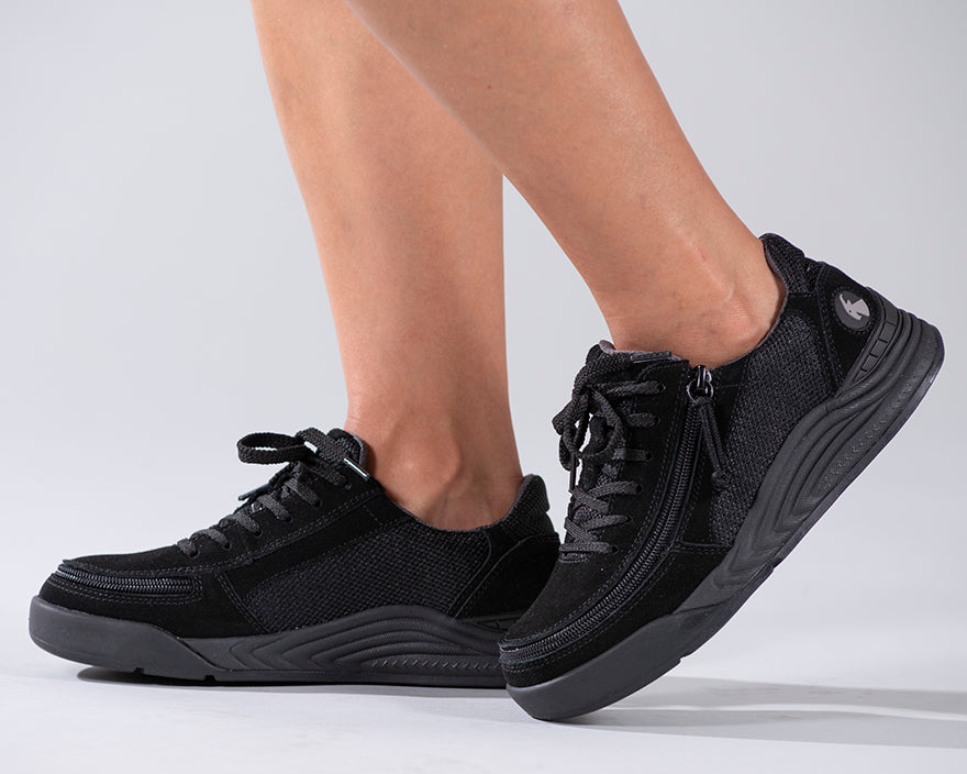 Women's Black Suede/Mesh BILLY Comfort Classic Lows, zipper shoes, like velcro, that are adaptive, accessible, inclusive and use universal design to accommodate an afo. Footwear is medium and wide width, M, D and EEE, are comfortable, and come in toddler, kids, mens, and womens sizing.