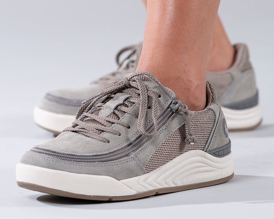 Women's Charcoal Suede/Mesh BILLY Comfort Classic Lows, zipper shoes, like velcro, that are adaptive, accessible, inclusive and use universal design to accommodate an afo. Footwear is medium and wide width, M, D and EEE, are comfortable, and come in toddler, kids, mens, and womens sizing.