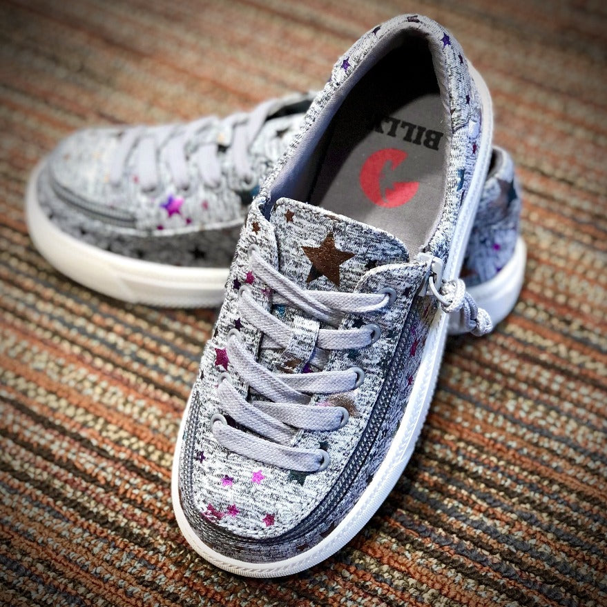 Toddler Heather Grey Star BILLY Classic Lace Lows, zipper shoes, like velcro, that are adaptive, accessible, inclusive and use universal design to accommodate an afo. Footwear is medium and wide width, M, D and EEE, are comfortable, and come in toddler, kids, mens, and womens sizing.