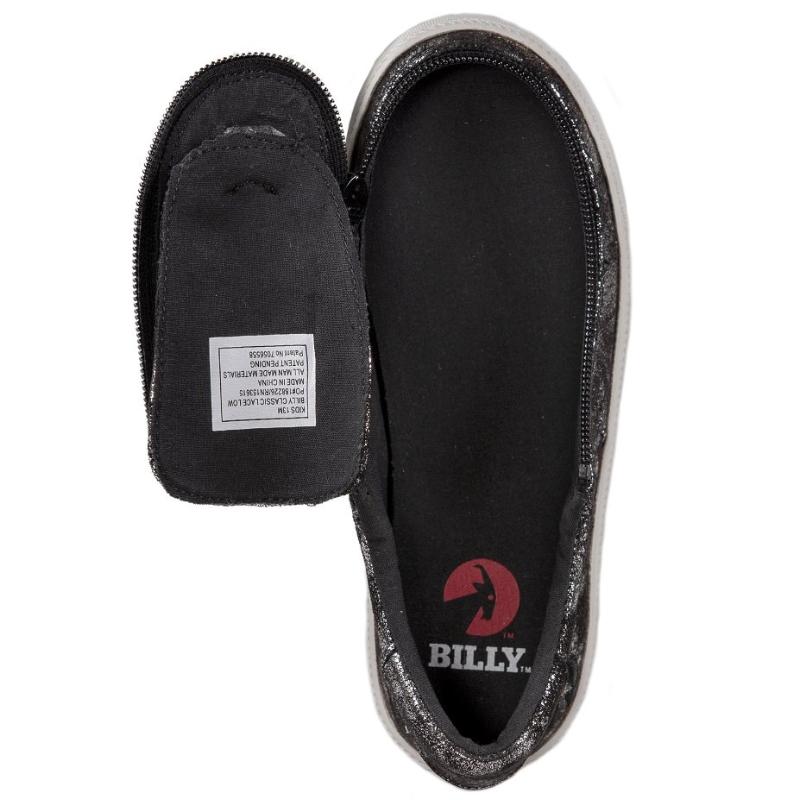 Kid's Black Metallic BILLY Classic Lace Lows, zipper shoes, like velcro, that are adaptive, accessible, inclusive and use universal design to accommodate an afo. Footwear is medium and wide width, M, D and EEE, are comfortable, and come in toddler, kids, mens, and womens sizing.