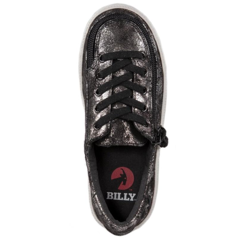 Kid's Black Metallic BILLY Classic Lace Lows, zipper shoes, like velcro, that are adaptive, accessible, inclusive and use universal design to accommodate an afo. Footwear is medium and wide width, M, D and EEE, are comfortable, and come in toddler, kids, mens, and womens sizing.