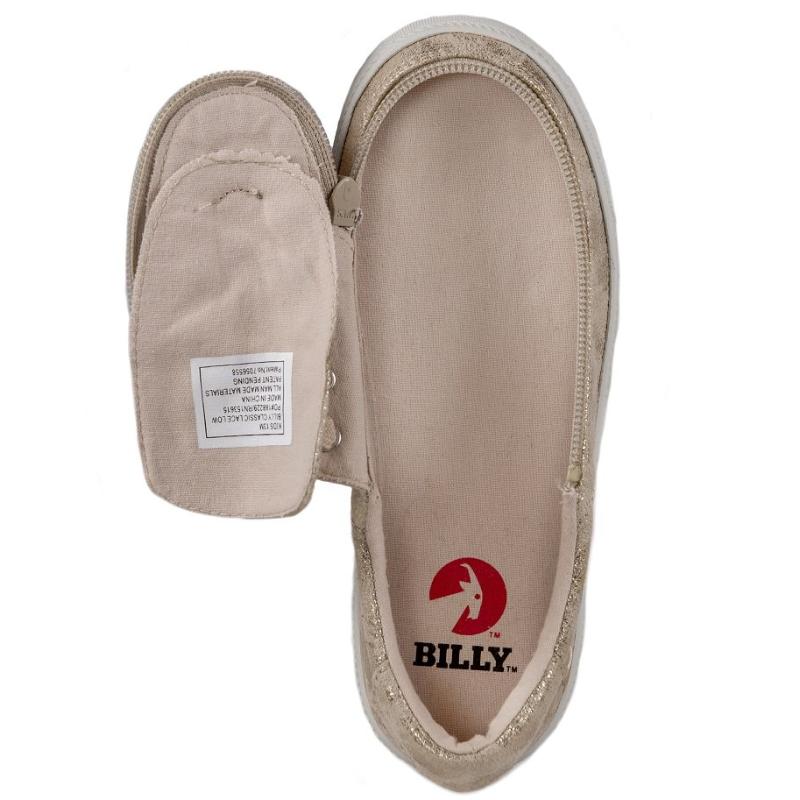 Kid's Gold Metallic BILLY Classic Lace Lows, zipper shoes, like velcro, that are adaptive, accessible, inclusive and use universal design to accommodate an afo. Footwear is medium and wide width, M, D and EEE, are comfortable, and come in toddler, kids, mens, and womens sizing.