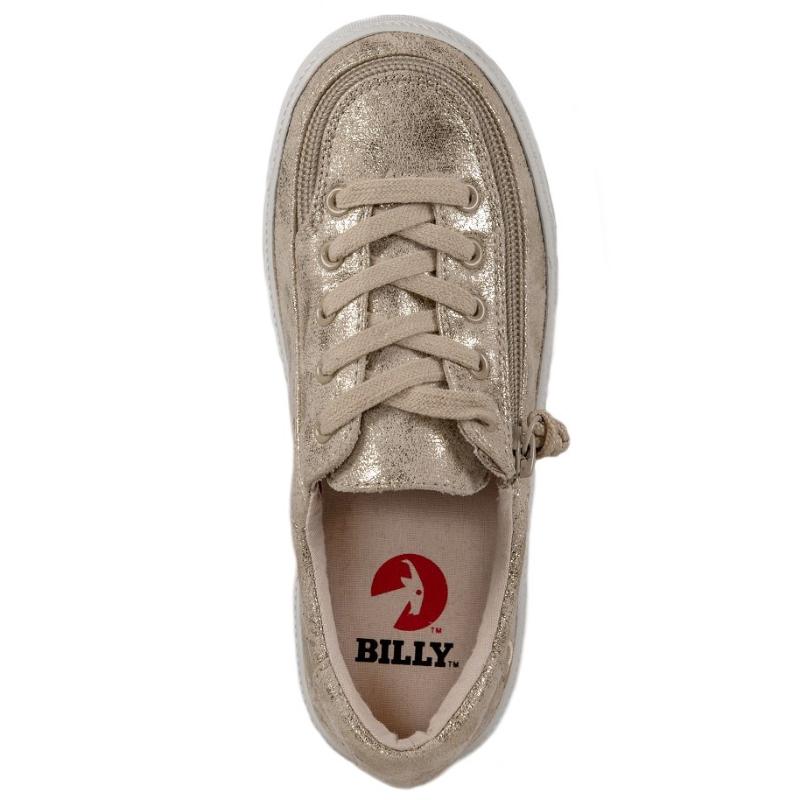 Kid's Gold Metallic BILLY Classic Lace Lows, zipper shoes, like velcro, that are adaptive, accessible, inclusive and use universal design to accommodate an afo. Footwear is medium and wide width, M, D and EEE, are comfortable, and come in toddler, kids, mens, and womens sizing.