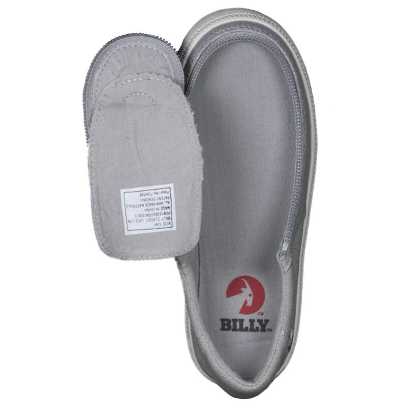 Kid's Grey BILLY Classic Lace Lows, zipper shoes, like velcro, that are adaptive, accessible, inclusive and use universal design to accommodate an afo. Footwear is medium and wide width, M, D and EEE, are comfortable, and come in toddler, kids, mens, and womens sizing.