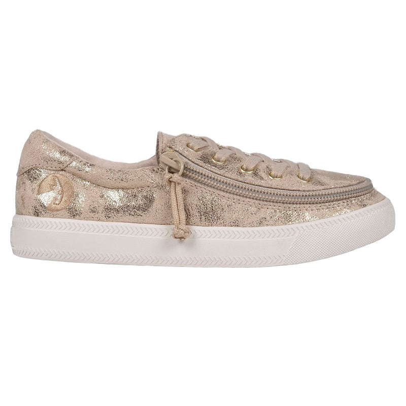 Kid's Gold Metallic BILLY Classic Lace Lows, zipper shoes, like velcro, that are adaptive, accessible, inclusive and use universal design to accommodate an afo. Footwear is medium and wide width, M, D and EEE, are comfortable, and come in toddler, kids, mens, and womens sizing.