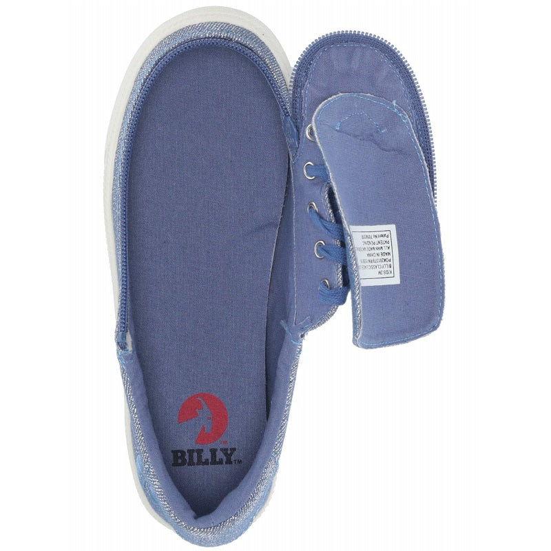 Kid's Beach Blue Lux BILLY Classic Lace Lows, zipper shoes, like velcro, that are adaptive, accessible, inclusive and use universal design to accommodate an afo. Footwear is medium and wide width, M, D and EEE, are comfortable, and come in toddler, kids, mens, and womens sizing.