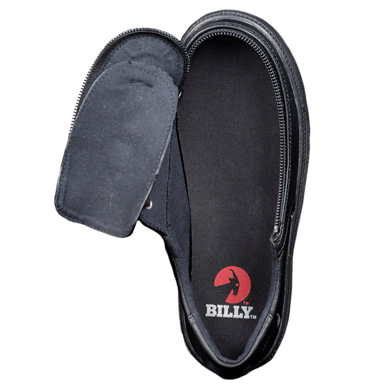 Kid's Black to the Floor Faux Leather BILLY Classic Lace Lows, zipper shoes, like velcro, that are adaptive, accessible, inclusive and use universal design to accommodate an afo. Footwear is medium and wide width, M, D and EEE, are comfortable, and come in toddler, kids, mens, and womens sizing.