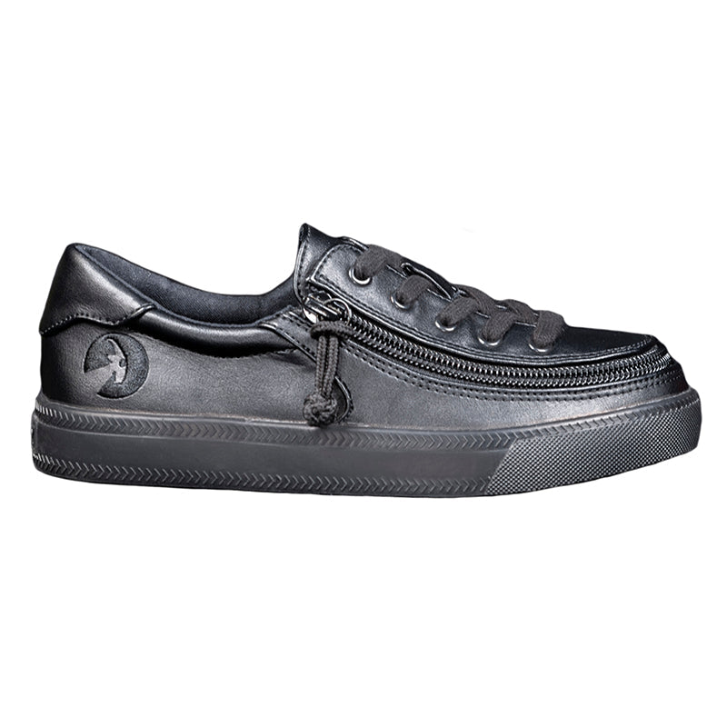 Kid's Black to the Floor Faux Leather BILLY Classic Lace Lows, zipper shoes, like velcro, that are adaptive, accessible, inclusive and use universal design to accommodate an afo. Footwear is medium and wide width, M, D and EEE, are comfortable, and come in toddler, kids, mens, and womens sizing.
