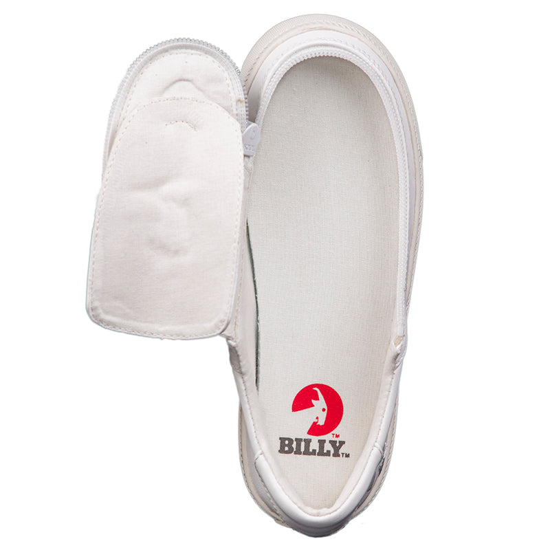 Kid's White Faux Leather BILLY Classic Lace Lows, zipper shoes, like velcro, that are adaptive, accessible, inclusive and use universal design to accommodate an afo. Footwear is medium and wide width, M, D and EEE, are comfortable, and come in toddler, kids, mens, and womens sizing.