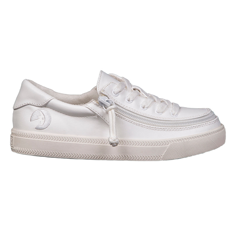 Kid's White Faux Leather BILLY Classic Lace Lows, zipper shoes, like velcro, that are adaptive, accessible, inclusive and use universal design to accommodate an afo. Footwear is medium and wide width, M, D and EEE, are comfortable, and come in toddler, kids, mens, and womens sizing.