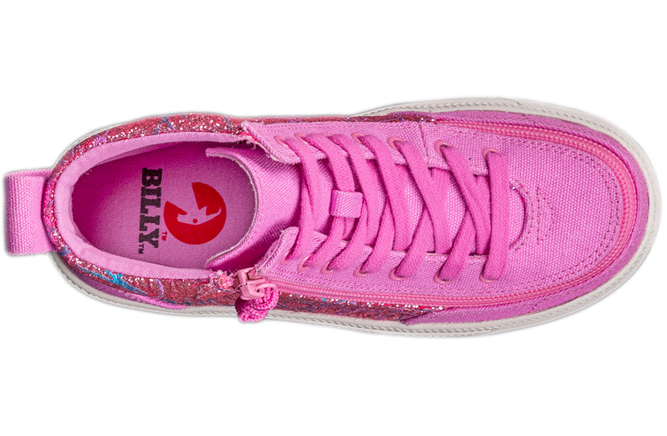 Kid's Pink Printed Canvas BILLY Classic Lace Highs, zipper shoes, like velcro, that are adaptive, accessible, inclusive and use universal design to accommodate an afo. Footwear is medium and wide width, M, D and EEE, are comfortable, and come in toddler, kids, mens, and womens sizing.