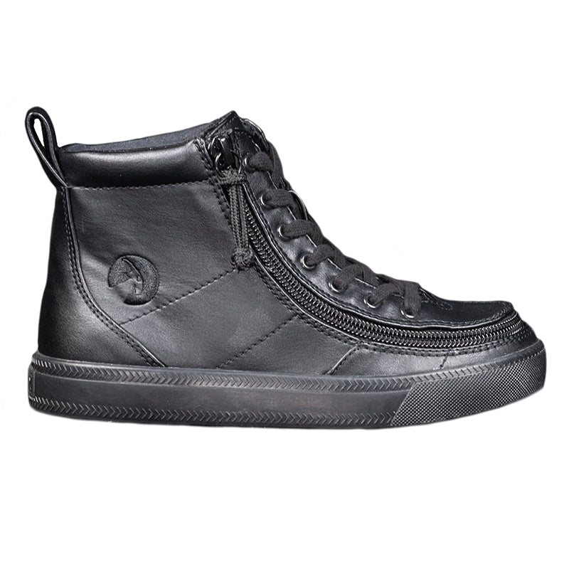 Kid's Black to the Floor Faux Leather BILLY Classic Lace Highs, zipper shoes, like velcro, that are adaptive, accessible, inclusive and use universal design to accommodate an afo. Footwear is medium and wide width, M, D and EEE, are comfortable, and come in toddler, kids, mens, and womens sizing.