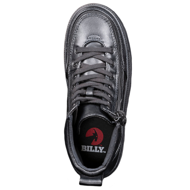 Kid's Black to the Floor Faux Leather BILLY Classic Lace Highs, zipper shoes, like velcro, that are adaptive, accessible, inclusive and use universal design to accommodate an afo. Footwear is medium and wide width, M, D and EEE, are comfortable, and come in toddler, kids, mens, and womens sizing.