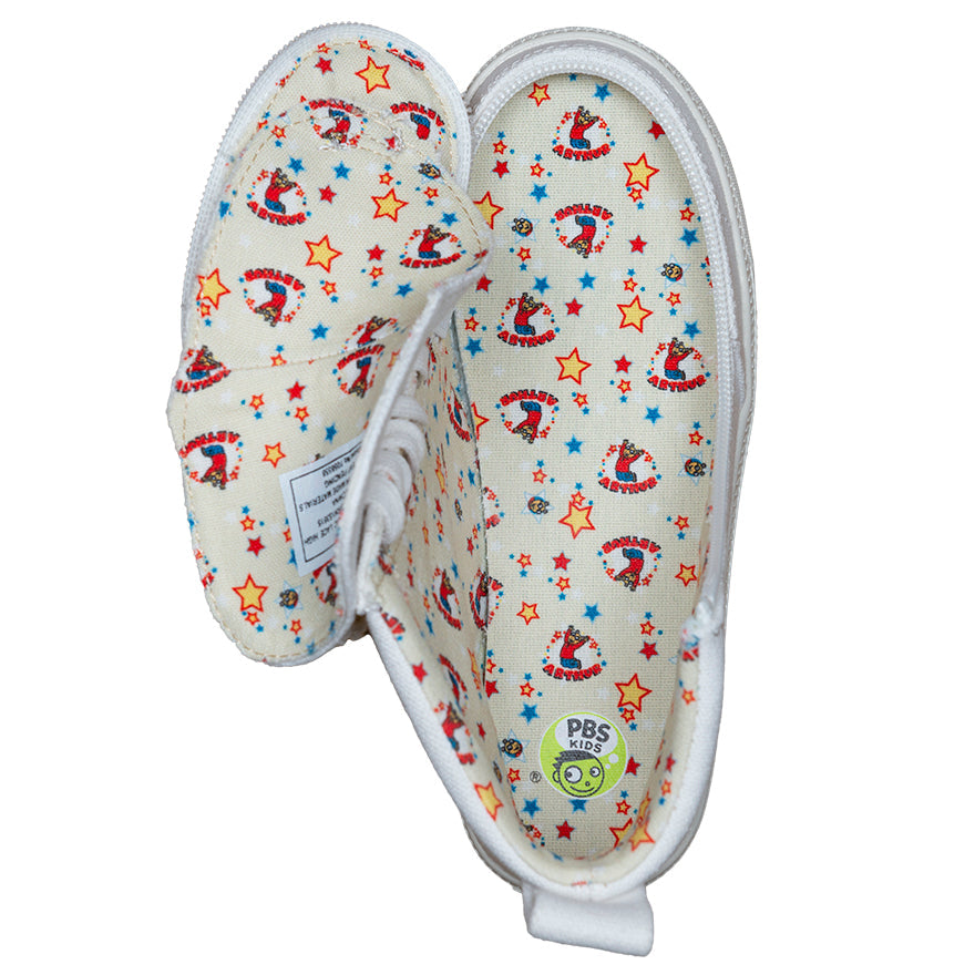 Kid's White Arthur BILLY Classic Lace Highs, zipper shoes, like velcro, that are adaptive, accessible, inclusive and use universal design to accommodate an afo. Footwear is medium and wide width, M, D and EEE, are comfortable, and come in toddler, kids, mens, and womens sizing.