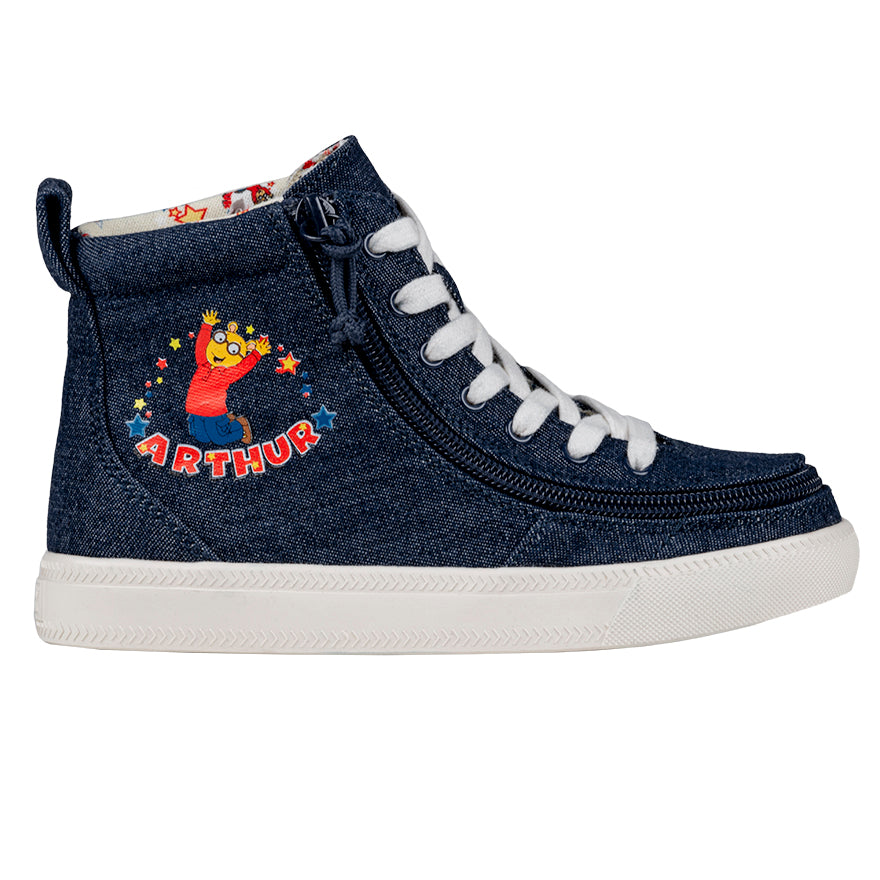 Kid's Blue Denim Arthur BILLY Classic Lace Highs, zipper shoes, like velcro, that are adaptive, accessible, inclusive and use universal design to accommodate an afo. Footwear is medium and wide width, M, D and EEE, are comfortable, and come in toddler, kids, mens, and womens sizing.