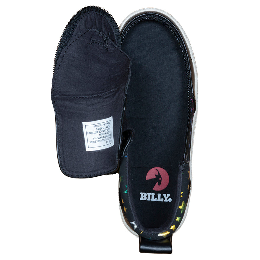 Kid's Black Stars BILLY Classic Lace Highs, zipper shoes, like velcro, that are adaptive, accessible, inclusive and use universal design to accommodate an afo. Footwear is medium and wide width, M, D and EEE, are comfortable, and come in toddler, kids, mens, and womens sizing.
