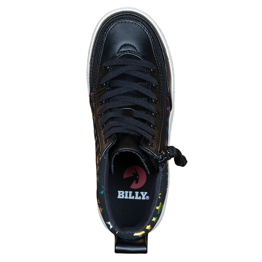 Kid's Black Stars BILLY Classic Lace Highs, zipper shoes, like velcro, that are adaptive, accessible, inclusive and use universal design to accommodate an afo. Footwear is medium and wide width, M, D and EEE, are comfortable, and come in toddler, kids, mens, and womens sizing.