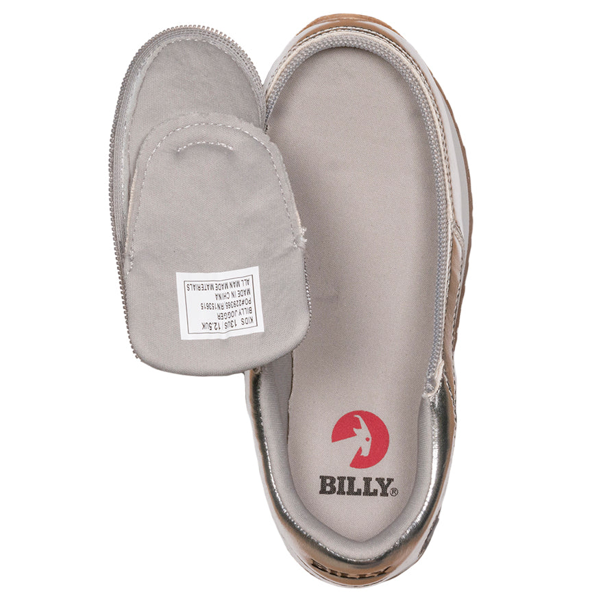 Kid's Silver BILLY Joggers, zipper shoes, like velcro, that are adaptive, accessible, inclusive and use universal design to accommodate an afo. Footwear is medium and wide width, M, D and EEE, are comfortable, and come in toddler, kids, mens, and womens sizing.