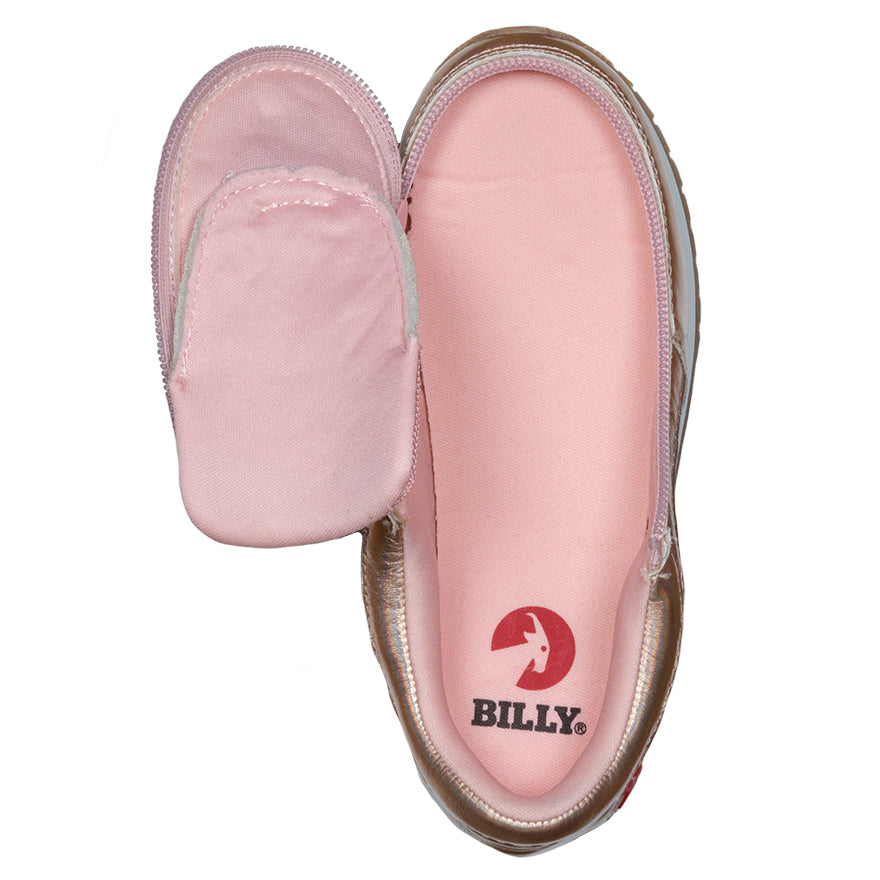 Kid's Rose Gold BILLY Joggers, zipper shoes, like velcro, that are adaptive, accessible, inclusive and use universal design to accommodate an afo. Footwear is medium and wide width, M, D and EEE, are comfortable, and come in toddler, kids, mens, and womens sizing.