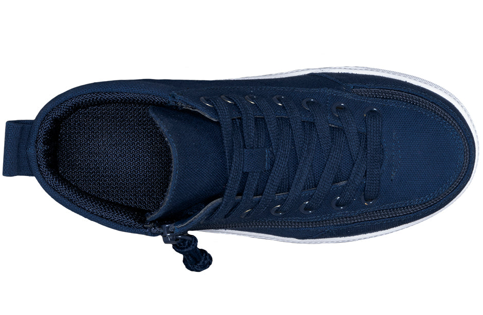 Kid's Navy BILLY Classic WDR High Tops, zipper shoes, like velcro, that are adaptive, accessible, inclusive and use universal design to accommodate an afo. Footwear is medium and wide width, M, D and EEE, are comfortable, and come in toddler, kids, mens, and womens sizing.