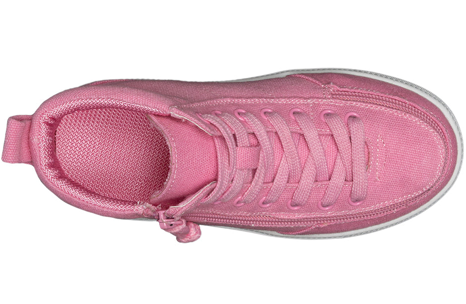 Kid's Pink BILLY Classic WDR High Tops, zipper shoes, like velcro, that are adaptive, accessible, inclusive and use universal design to accommodate an afo. BILLY Footwear is medium and wide width, M, D and EEE, are comfortable, and come in toddler, kids, mens, and womens sizing.
