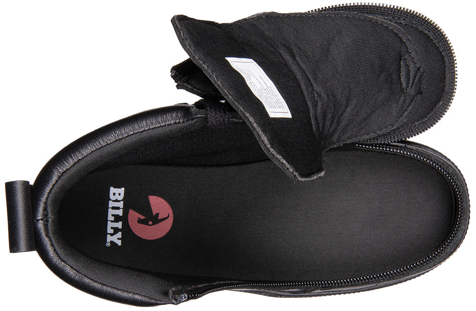 Kid's Black to the Floor Leather BILLY Classic Lace Highs, zipper shoes, like velcro, that are adaptive, accessible, inclusive and use universal design to accommodate an afo. BILLY Footwear is medium and wide width, M, D and EEE, are comfortable, and come in toddler, kids, mens, and womens sizing.