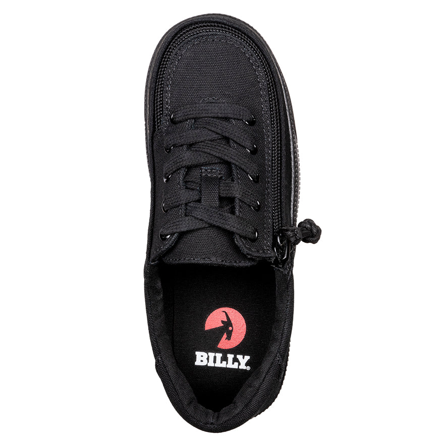 Kid's Black to the Floor Canvas BILLY Classic Lace Lows, zipper shoes, like velcro, that are adaptive, accessible, inclusive and use universal design to accommodate an afo. BILLY Footwear comes in medium and wide width, M, D and EEE, are comfortable, and come in toddler, kids, mens, and womens sizing.
