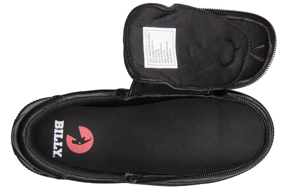 Kid's Black to the Floor Leather BILLY Classic Lace Lows, zipper shoes, like velcro, that are adaptive, accessible, inclusive and use universal design to accommodate an afo. BILLY Footwear is medium and wide width, M, D and EEE, are comfortable, and come in toddler, kids, mens, and womens sizing.
