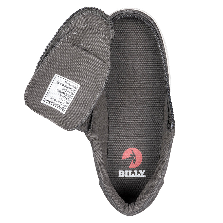 Kid's Dark Grey BILLY Classic Lace Lows, zipper shoes, like velcro, that are adaptive, accessible, inclusive and use universal design to accommodate an afo. BILLY Footwear comes in medium and wide width, M, D and EEE, are comfortable, and come in toddler, kids, mens, and womens sizing.