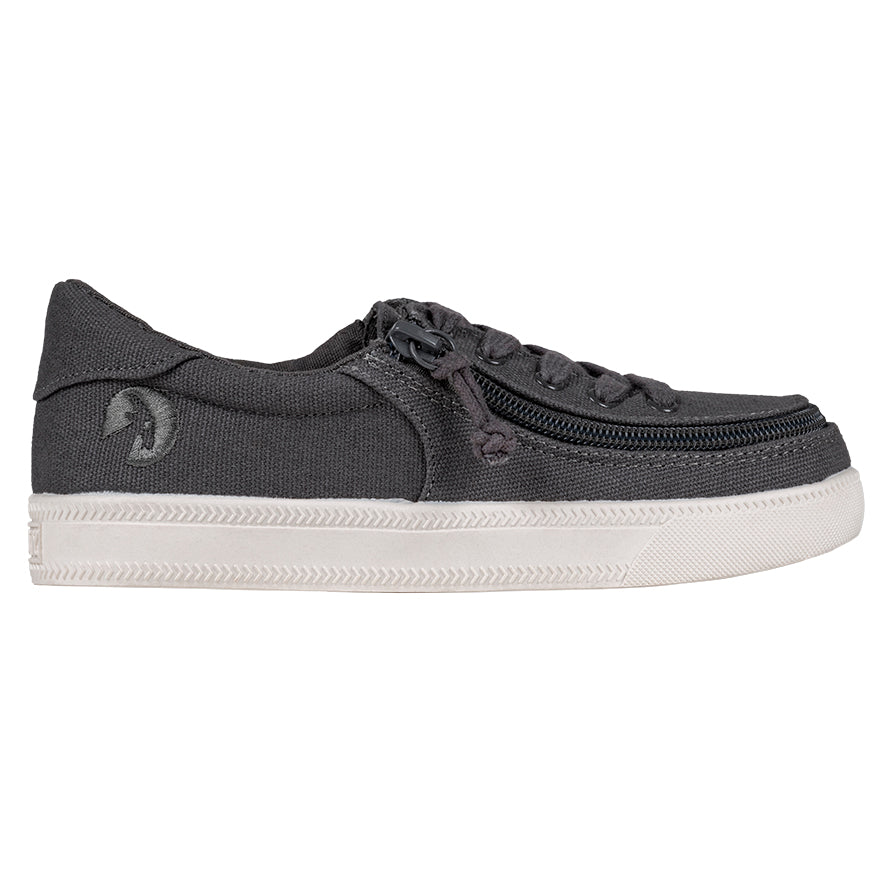 Kid's Dark Grey BILLY Classic Lace Lows, zipper shoes, like velcro, that are adaptive, accessible, inclusive and use universal design to accommodate an afo. BILLY Footwear comes in medium and wide width, M, D and EEE, are comfortable, and come in toddler, kids, mens, and womens sizing.