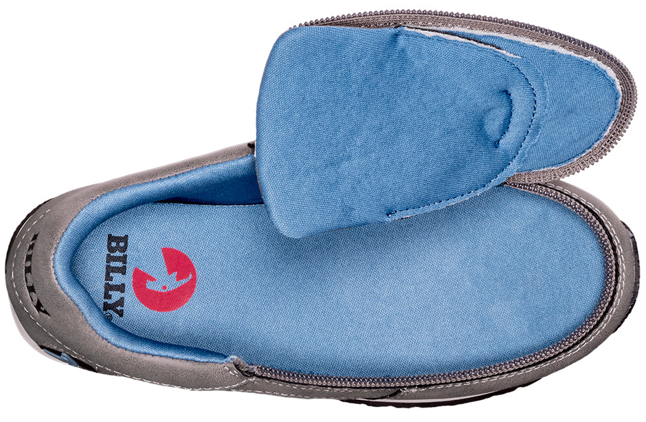 Kid's Grey/Blue BILLY Joggers, zipper shoes, like velcro, that are adaptive, accessible, inclusive and use universal design to accommodate an afo. BILLY Footwear is medium and wide width, M, D and EEE, are comfortable, and come in toddler, kids, mens, and womens sizing.