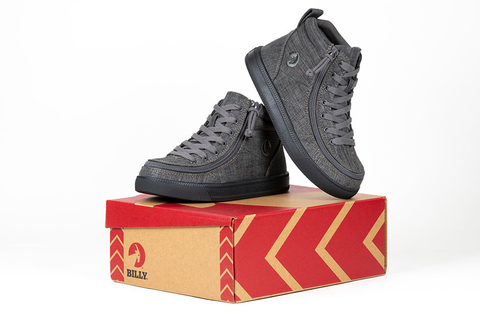 Kid's Charcoal Jersey BILLY Street High Tops, zipper shoes, like velcro, that are adaptive, accessible, inclusive and use universal design to accommodate an afo. BILLY Footwear comes in medium and wide width, M, D and EEE, are comfortable, and come in toddler, kids, mens, and womens sizing.