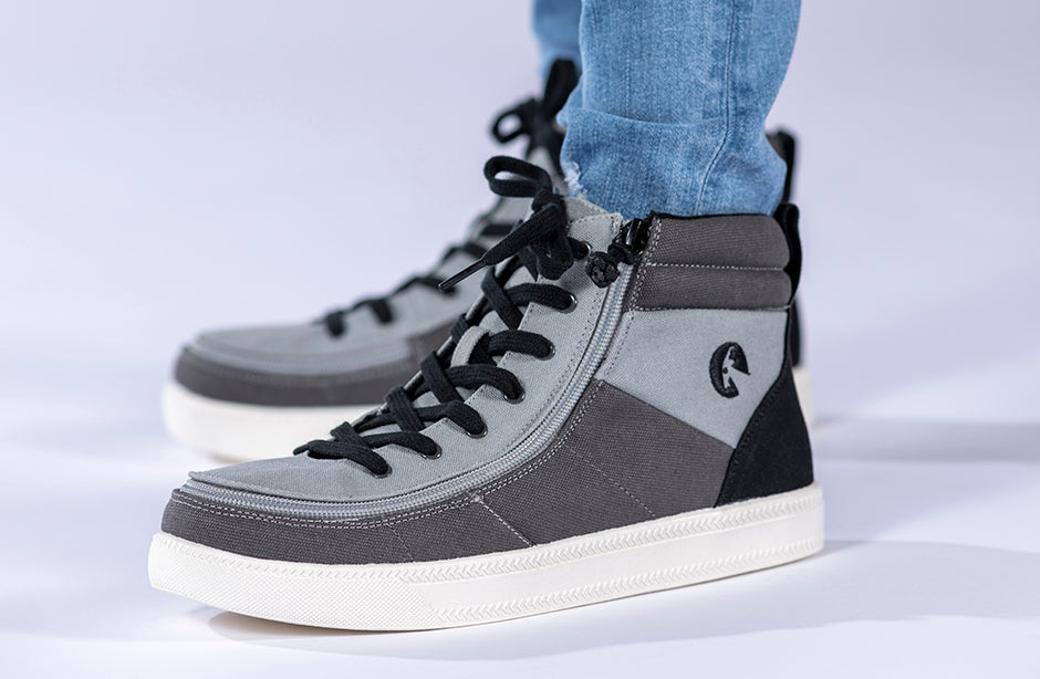 Kid's Grey Colorblock BILLY Street High Tops, zipper shoes, like velcro, that are adaptive, accessible, inclusive and use universal design to accommodate an afo. BILLY Footwear comes in medium and wide width, M, D and EEE, are comfortable, and come in toddler, kids, mens, and womens sizing.