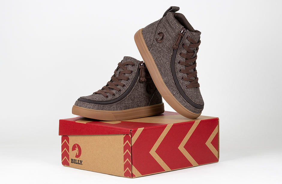 Kid's Brown Jersey BILLY Street High Tops, zipper shoes, like velcro, that are adaptive, accessible, inclusive and use universal design to accommodate an afo. BILLY Footwear comes in medium and wide width, M, D and EEE, are comfortable, and come in toddler, kids, mens, and womens sizing.