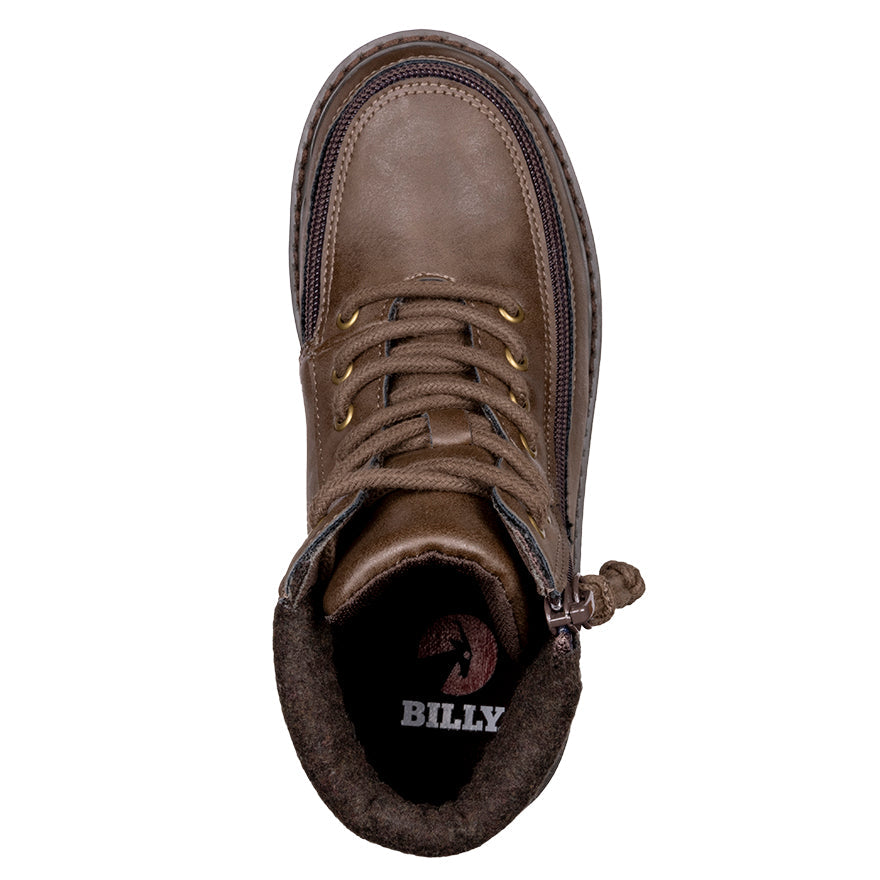 Kid's Brown BILLY Lugs, zipper shoes, like velcro, that are adaptive, accessible, inclusive and use universal design to accommodate an afo. BILLY Footwear comes in medium and wide width, M, D and EEE, are comfortable, and come in toddler, kids, mens, and womens sizing.