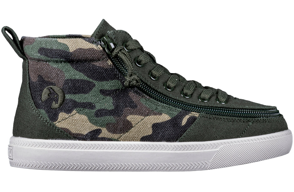 Kid's Olive Camo BILLY Classic WDR High Tops, zipper shoes, like velcro, that are adaptive, accessible, inclusive and use universal design to accommodate an afo. BILLY Footwear is medium and wide width, M, D and EEE, are comfortable, and come in toddler, kids, mens, and womens sizing.