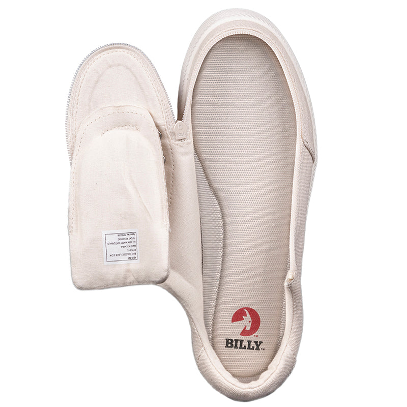 Men's Natural BILLY Classic Lace Lows, zipper shoes, like velcro, that are adaptive, accessible, inclusive and use universal design to accommodate an afo. Footwear is medium and wide width, M, D and EEE, are comfortable, and come in toddler, kids, mens, and womens sizing.
