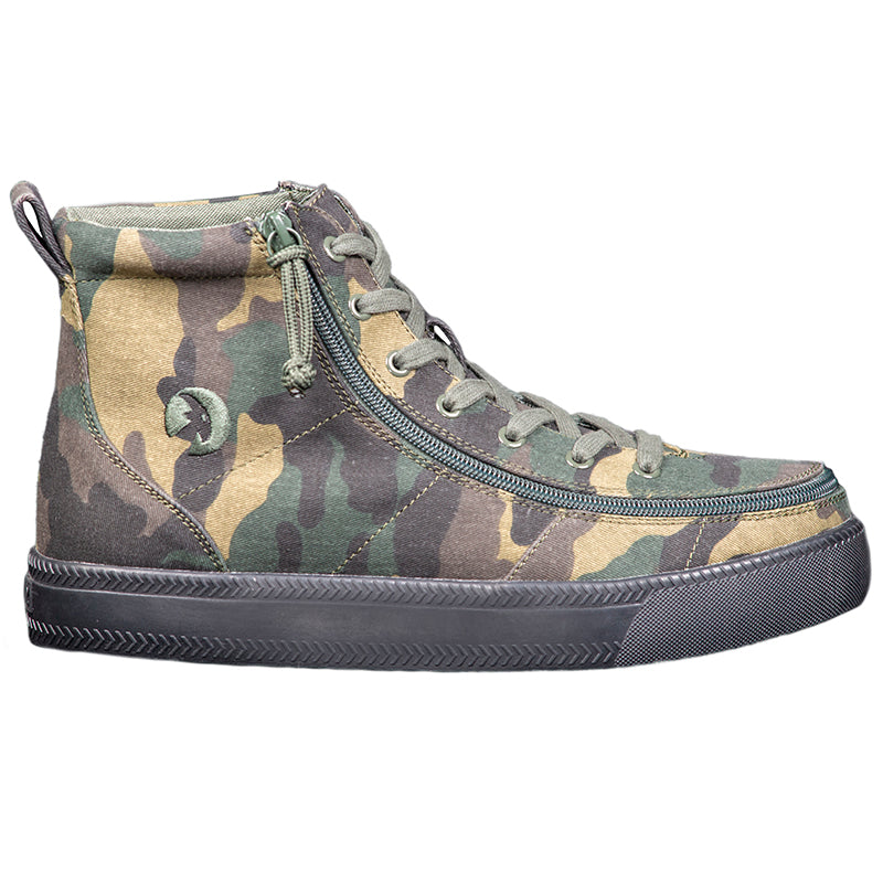 Men's Green Camo BILLY Classic Lace Highs, zipper shoes, like velcro, that are adaptive, accessible, inclusive and use universal design to accommodate an afo. Footwear is medium and wide width, M, D and EEE, are comfortable, and come in toddler, kids, mens, and womens sizing.