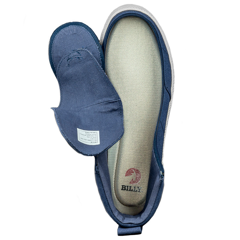 Men's Navy BILLY Classic Lace Highs, zipper shoes, like velcro, that are adaptive, accessible, inclusive and use universal design to accommodate an afo. Footwear is medium and wide width, M, D and EEE, are comfortable, and come in toddler, kids, mens, and womens sizing.