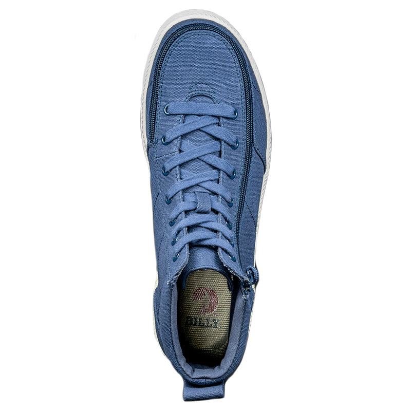 Men's Navy BILLY Classic Lace Highs, zipper shoes, like velcro, that are adaptive, accessible, inclusive and use universal design to accommodate an afo. Footwear is medium and wide width, M, D and EEE, are comfortable, and come in toddler, kids, mens, and womens sizing.