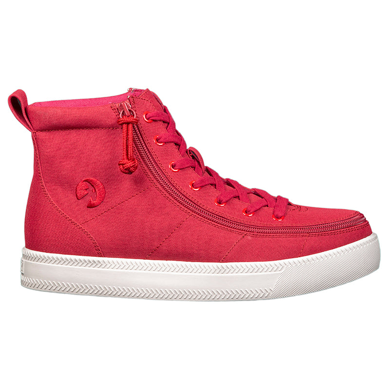 Men's Red BILLY Classic Lace Highs, zipper shoes, like velcro, that are adaptive, accessible, inclusive and use universal design to accommodate an afo. Footwear is medium and wide width, M, D and EEE, are comfortable, and come in toddler, kids, mens, and womens sizing.