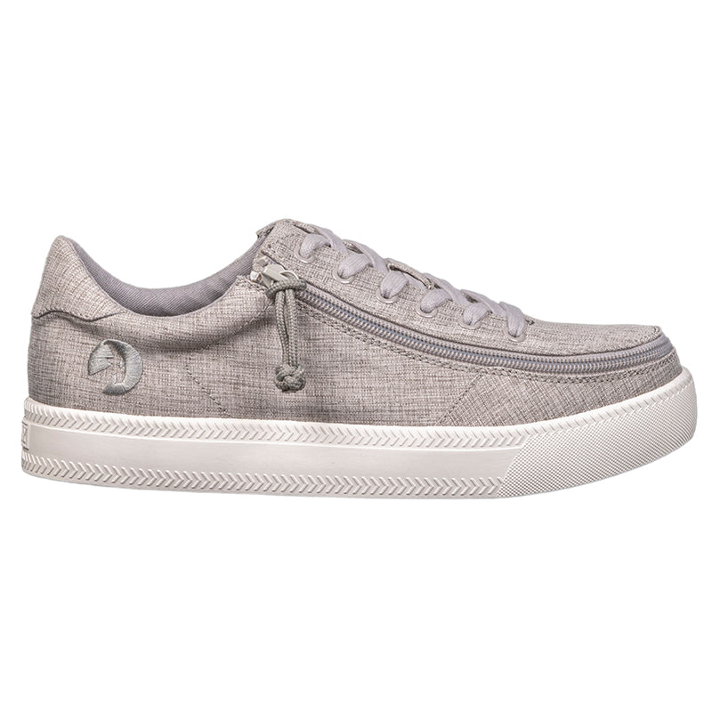 Men's Grey Jersey BILLY Classic Lace Lows, zipper shoes, like velcro, that are adaptive, accessible, inclusive and use universal design to accommodate an afo. Footwear is medium and wide width, M, D and EEE, are comfortable, and come in toddler, kids, mens, and womens sizing.