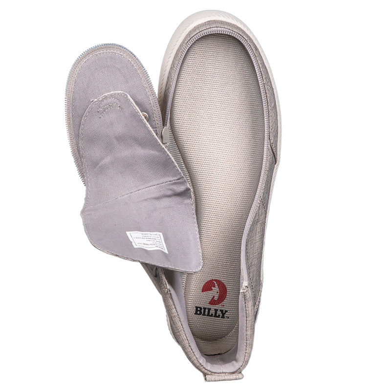 Men's Grey Jersey BILLY Classic Lace Highs, zipper shoes, like velcro, that are adaptive, accessible, inclusive and use universal design to accommodate an afo. Footwear is medium and wide width, M, D and EEE, are comfortable, and come in toddler, kids, mens, and womens sizing.