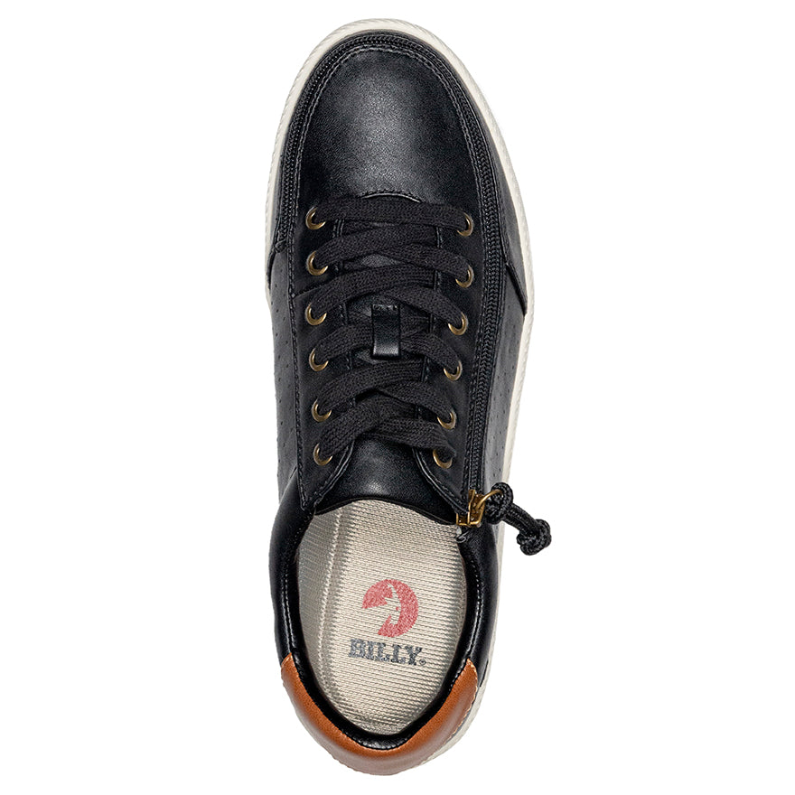Men's Black BILLY Low Sneakers, zipper shoes, like velcro, that are adaptive, accessible, inclusive and use universal design to accommodate an afo. Footwear is medium and wide width, M, D and EEE, are comfortable, and come in toddler, kids, mens, and womens sizing.