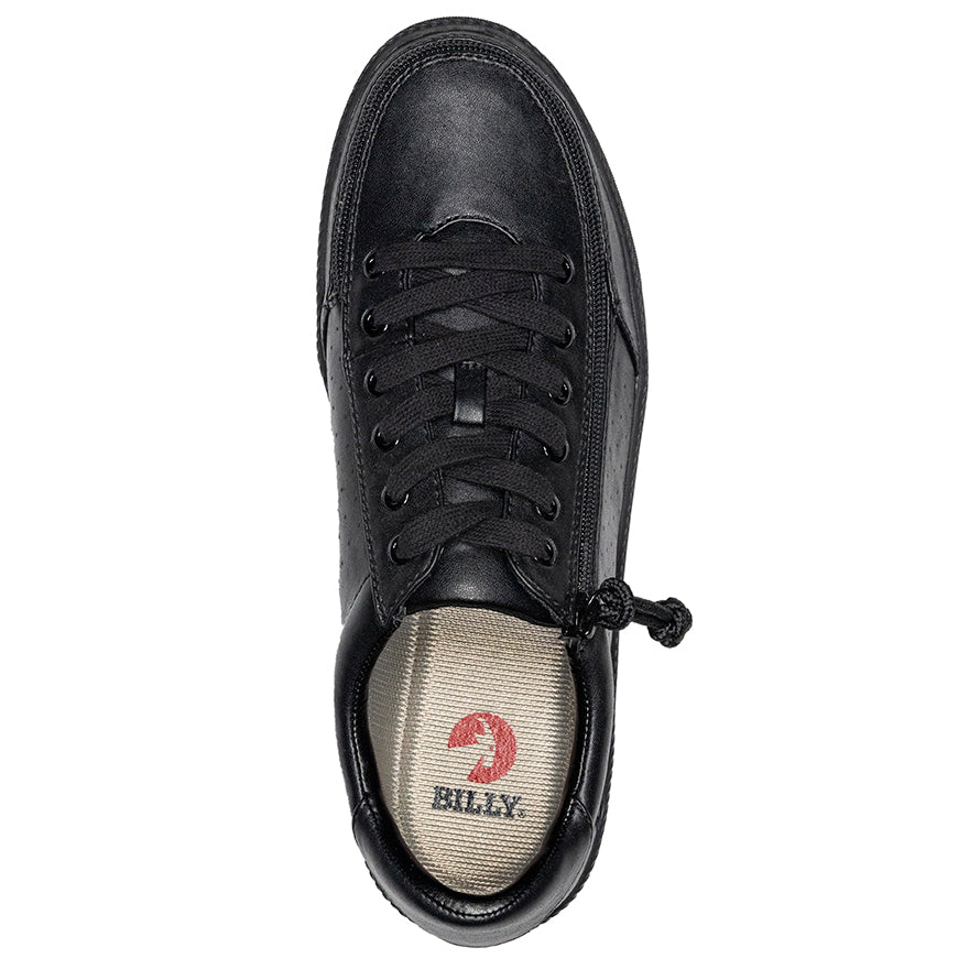 Men's Black to the Floor BILLY Low Sneakers, zipper shoes, like velcro, that are adaptive, accessible, inclusive and use universal design to accommodate an afo. Footwear is medium and wide width, M, D and EEE, are comfortable, and come in toddler, kids, mens, and womens sizing.