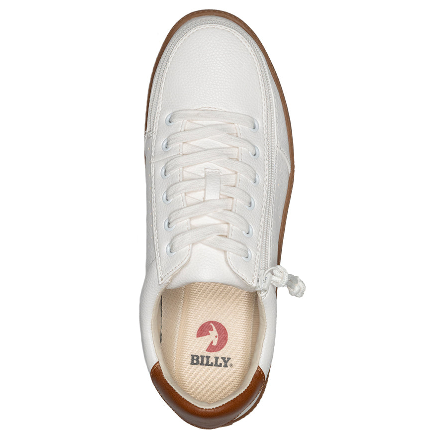 Men's White BILLY Low Sneakers, zipper shoes, like velcro, that are adaptive, accessible, inclusive and use universal design to accommodate an afo. Footwear is medium and wide width, M, D and EEE, are comfortable, and come in toddler, kids, mens, and womens sizing.