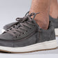 Men's Grey Suede BILLY Comfort Lows, zipper shoes, like velcro, that are adaptive, accessible, inclusive and use universal design to accommodate an afo. Footwear is medium and wide width, M, D and EEE, are comfortable, and come in toddler, kids, mens, and womens sizing.
